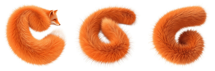 Set For fluffy orange fox tails isolated on transparent background