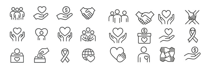 Icon collection depicting various themes of community support, fundraising, and charity activities in a simple, clean design