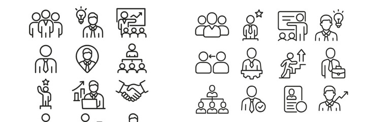 Obraz premium Collection of line icons representing business teamwork, leadership, and career development in a corporate setting