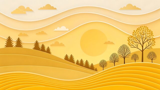 Golden autumn landscape paper cut style illustration