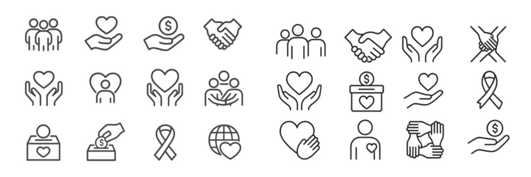 Icon collection depicting various themes of community support, fundraising, and charity activities in a simple, clean design