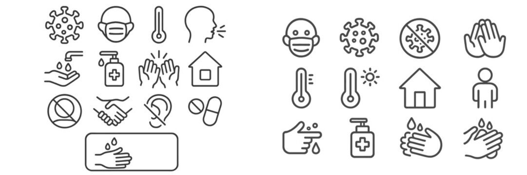 Health and safety symbols illustrating hygiene practices and precautions during a pandemic or health crisis