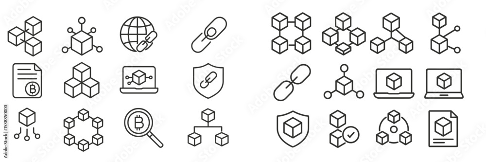 Poster Digital illustrations of blockchain technology concepts on a white background showcasing interconnected nodes and structures