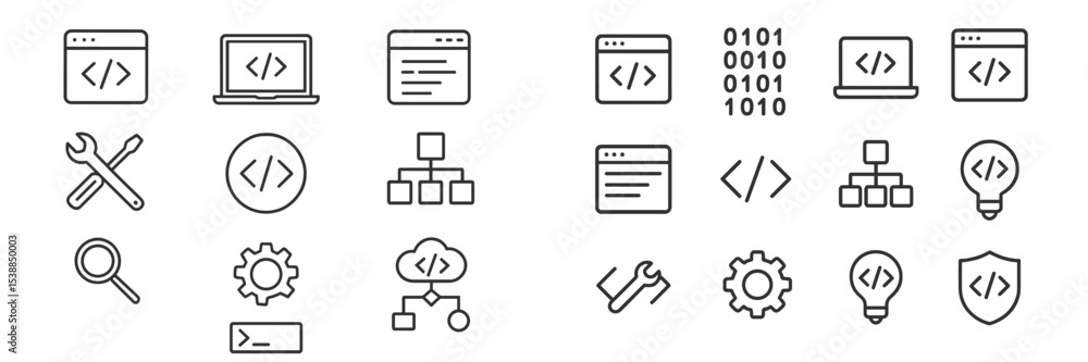 Fototapete Collection of coding and development icons showcasing various programming concepts and tools in a minimalist design