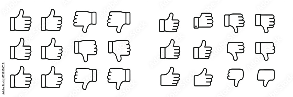 Poster Collection of thumbs up and thumbs down icons presented in simple outlines for visual feedback representation