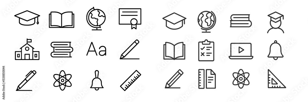 Poster collection of educational icons depicting various academic themes and activities for classroom use a