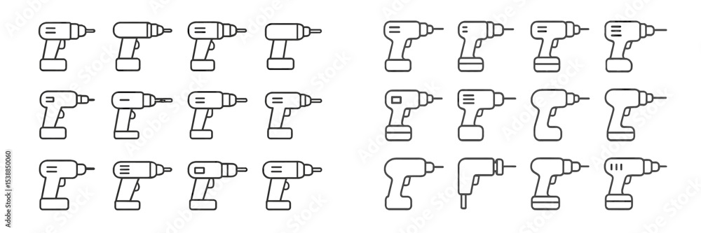 Poster variety of electric drills arranged in rows, showcasing different designs and styles for various app