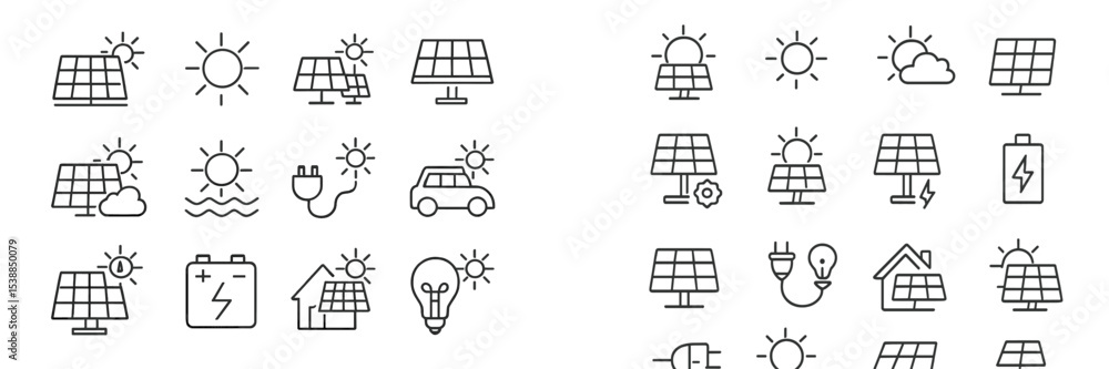 Poster solar energy icons depicting various applications and concepts in renewable energy solutions for sus