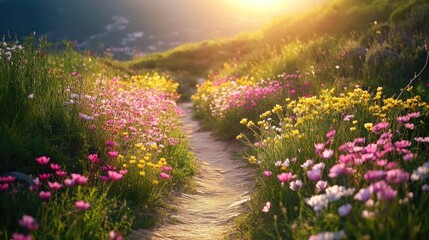 Obraz premium Colorful Pathway Through Vibrant Wildflowers at Sunset in Scenic Nature Landscape