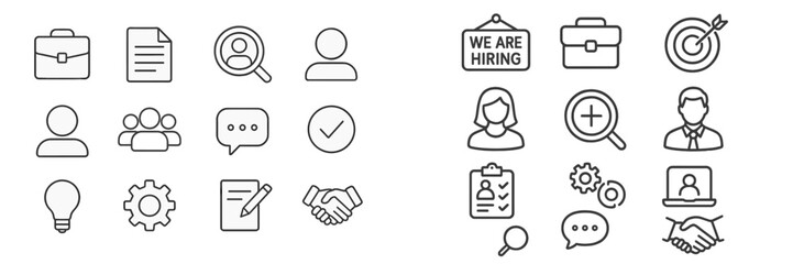 Obraz premium Collection of hiring and job search icons illustrating various aspects of recruitment process and professional networking