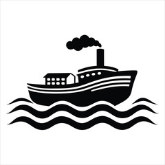 Obraz premium Steamship vector illustration with black silhouette boat sailing on wavy ocean for travel and maritime concept