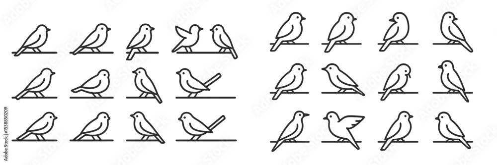 Poster Various bird illustrations in simple line art style showcasing different poses and arrangements on a clean background