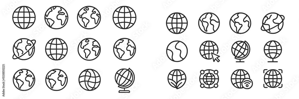 Poster Collection of globe icons representing various aspects of Earth and global connectivity in a minimalist style