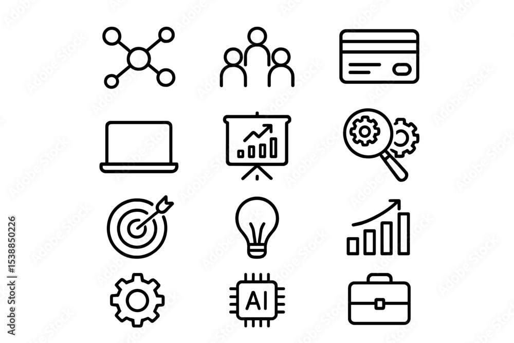 Poster Icons depicting business concepts including networking, teamwork, data analysis, and technology in a minimalistic style