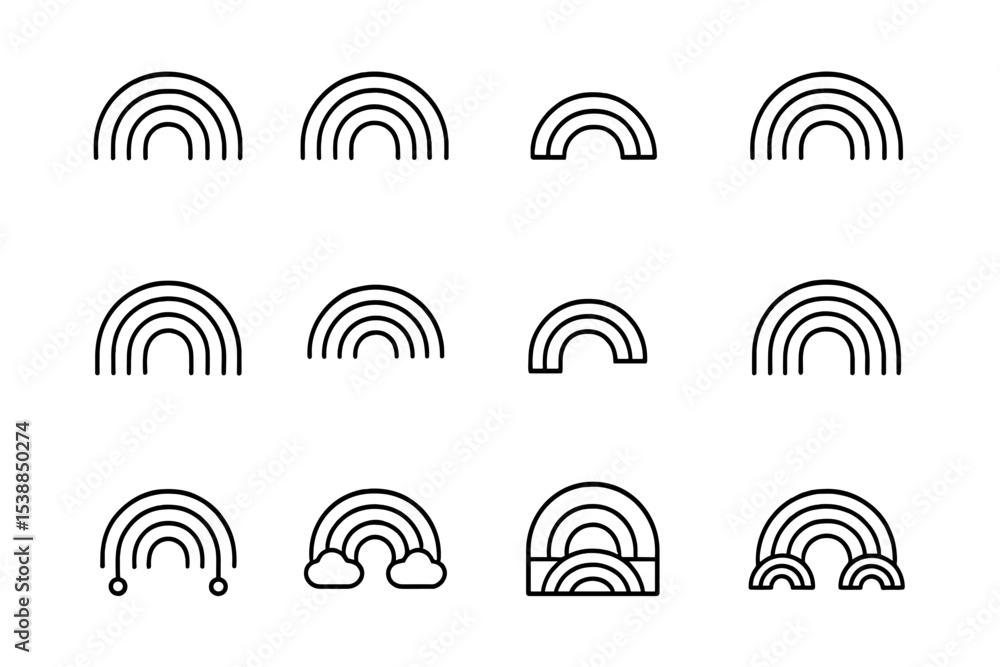 Poster Multiple simple rainbows illustrated in a minimalist style featuring various arches and details on a white background