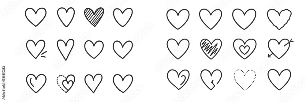 Poster Different artistic heart designs created with simple line drawings showcasing various styles and patterns