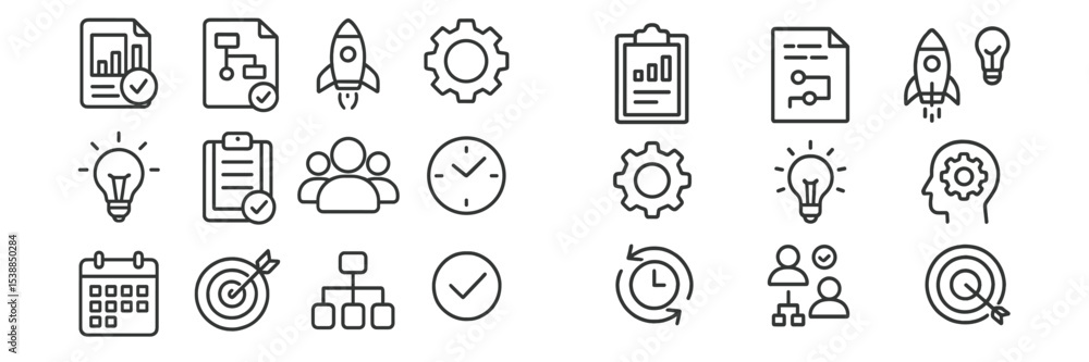 Poster line icons representing business concepts including strategy, teamwork, innovation, and project mana
