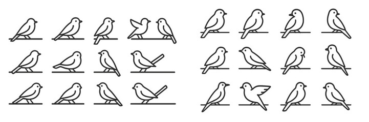 Various bird illustrations in simple line art style showcasing different poses and arrangements on a clean background