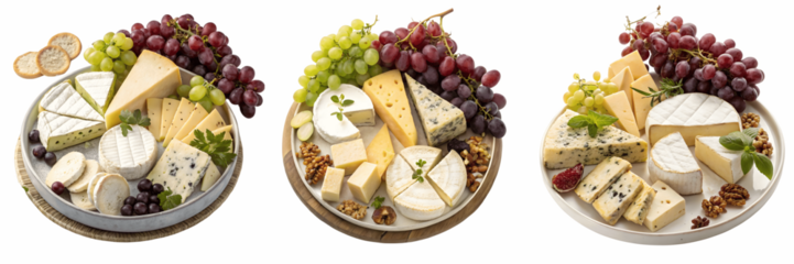 Set For Cheese and grapes assortment isolated on transparent background