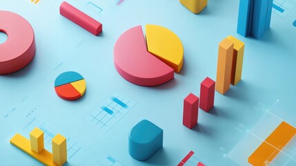 Colorful charts and graphs arranged on a light blue surface.