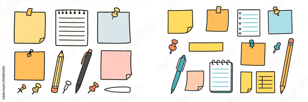Poster Collection of colorful sticky notes and stationery items on a workspace surface for organizing thoughts and ideas