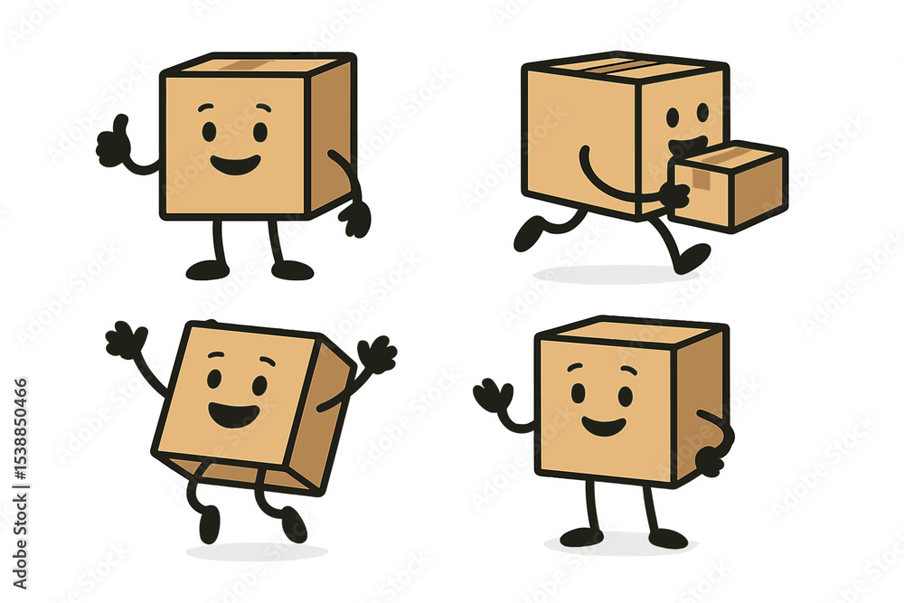 Poster Cartoon characters of cheerful boxes participating in various fun activities in a playful setting