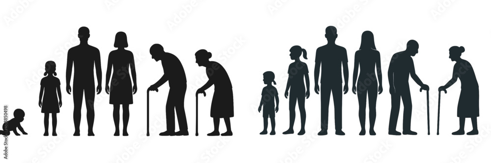 Poster silhouettes showing diversity across age groups from childhood to elderly in a balanced representati