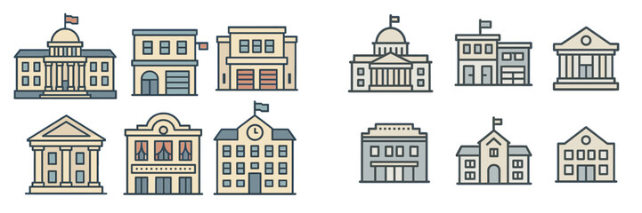 Collection of various government buildings displayed in a minimalist style with flags, highlighting architectural diversity