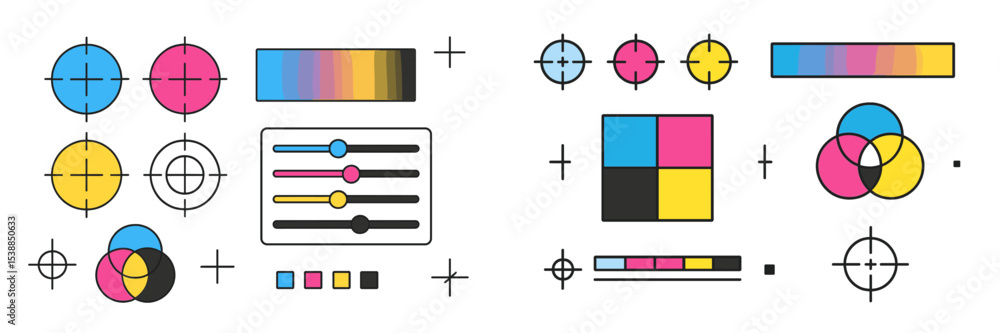 Poster colorful graphic design elements featuring circles, sliders, and rectangles on a white background fo