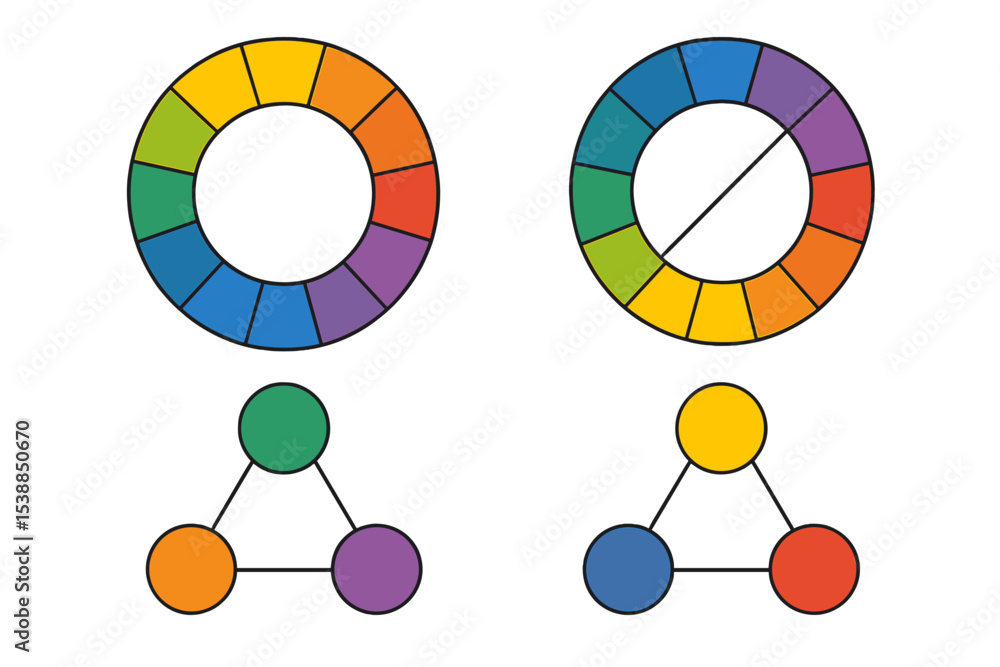 Poster color theory and geometric shapes display with color wheels and geometric patterns illustrating desi