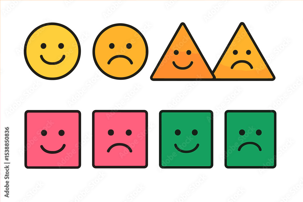 Poster Different expressions represented by colorful shapes on a white background illustrating emotions in a simple design