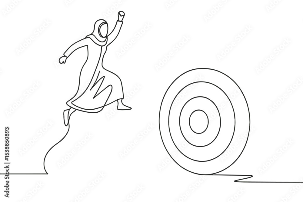 Poster woman jumping towards a target in a minimalist line drawing depicting ambition and determination in 