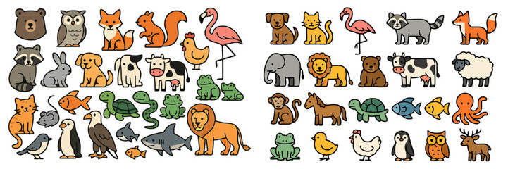 Cartoon animals featuring a variety of species in playful poses and colorful designs, perfect for children's learning materials