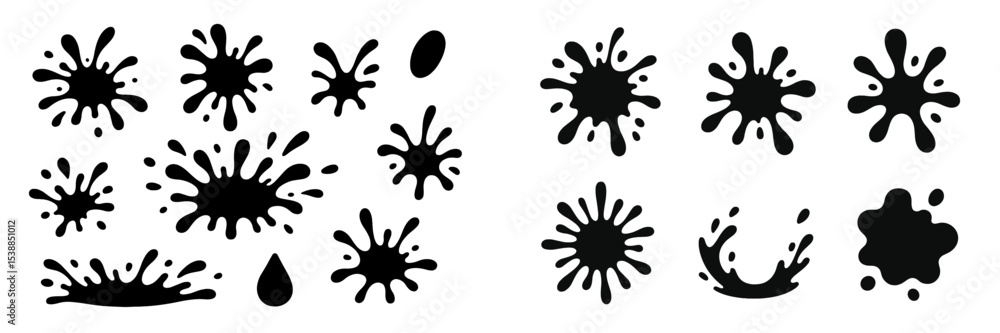 Poster Various black ink splashes and droplets on a white background showcasing different shapes and sizes in a creative design
