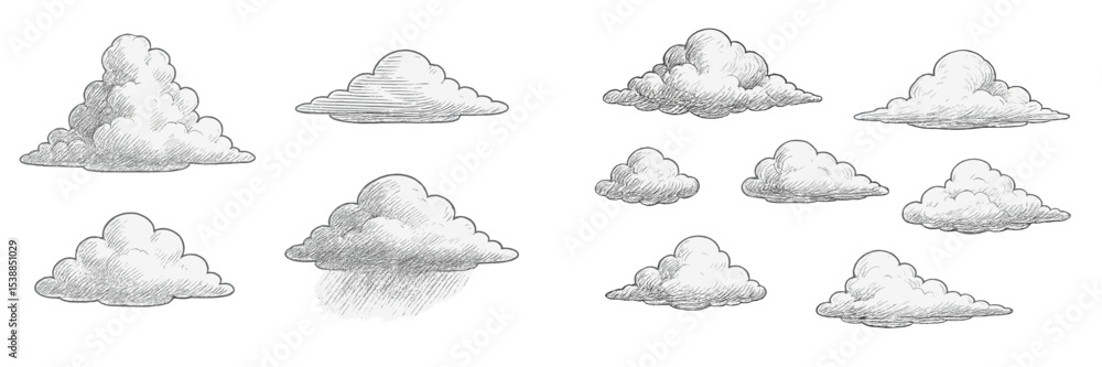 Poster collection of hand-drawn cloud illustrations showcasing various shapes and styles in a simple, artis