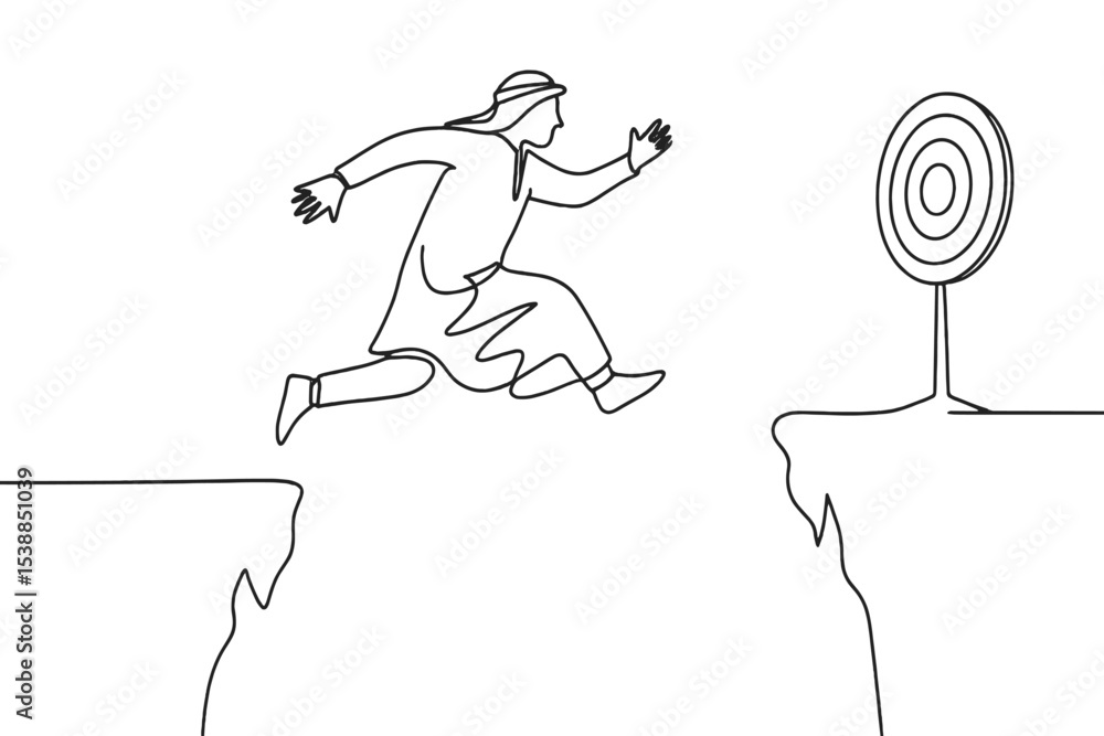 Poster person leaps across a gap aiming for a target in a simple sketch illustration
