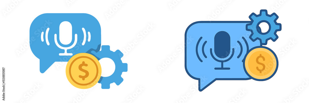 Poster icons representing voice technology with gears and coins in a modern design showcasing innovation in