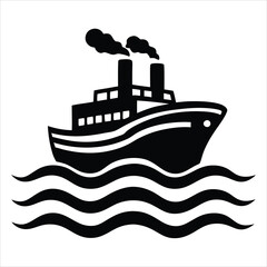 Obraz premium Steamship vector illustration with black silhouette boat sailing on wavy ocean for travel and maritime concept