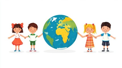Four smiling children of diverse ethnicities stand hand-in-hand around a large globe, symbolizing global unity and friendship