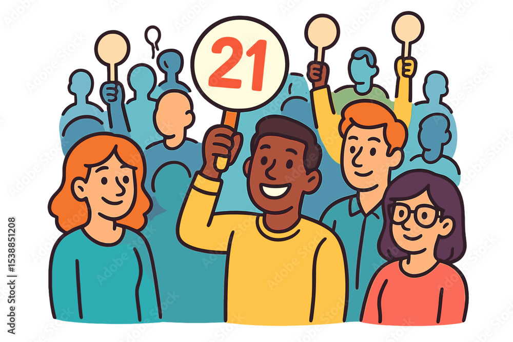 Aufkleber Group of people participating in a lively event while holding numbered signs and expressing enthusiasm in a colorful setting