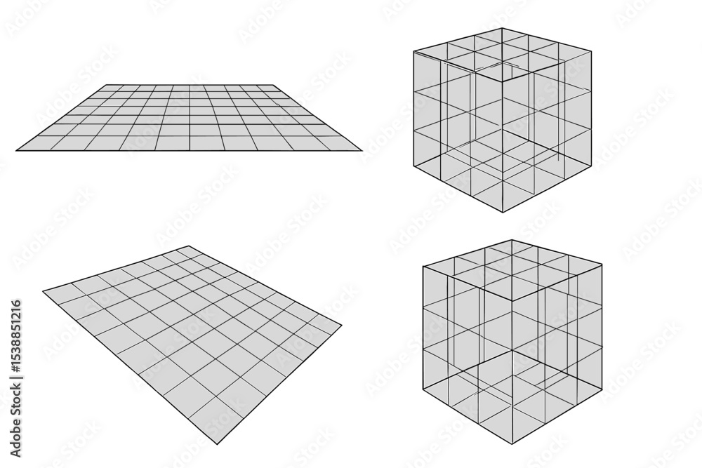 Aufkleber 3d grid and geometric shapes illustrating spatial concepts and dimensions for educational purposes