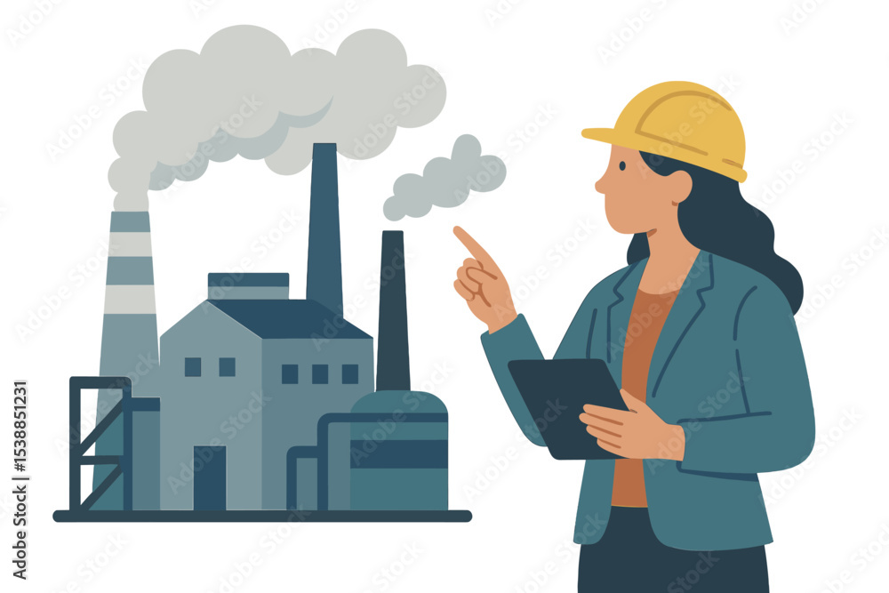 Aufkleber engineer assesses industrial plant operations while holding a tablet and pointing out key areas for 