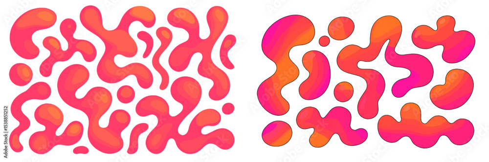 Poster colorful abstract shapes blending in vibrant pink and orange hues across two distinct patterns durin