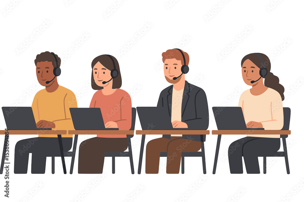 Poster Professionals engage in remote work session while using laptops and headsets in a modern office environment