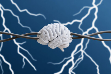 Conceptual brain with electric wire and lightning bolts, depicting how mental health is affected by power overload