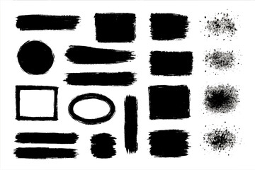 Black paint brush strokes and shapes displayed on a white background for artistic design purposes