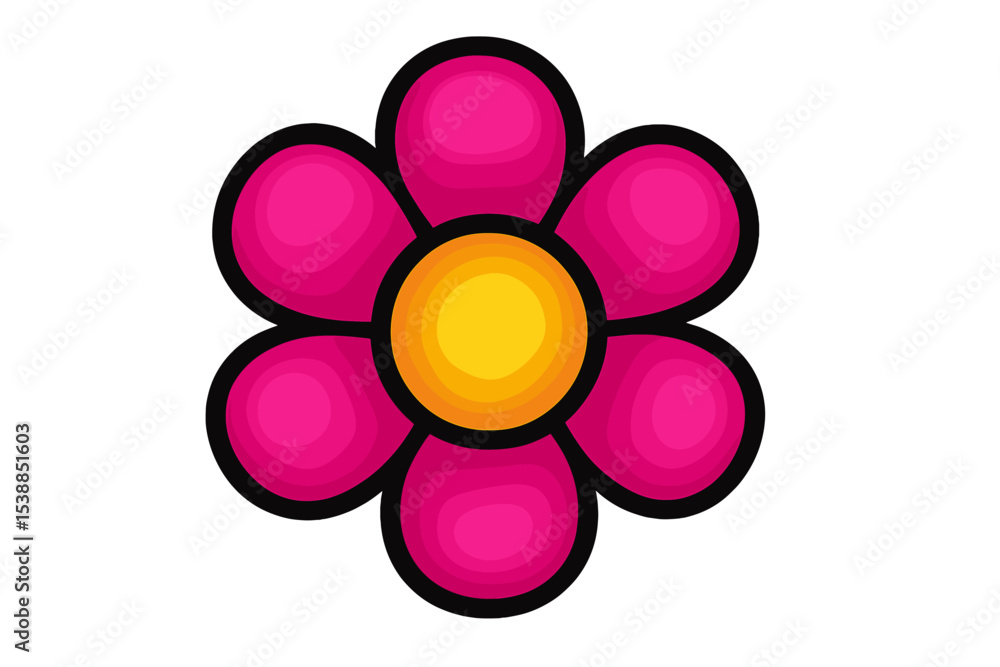 Poster bright pink flower with yellow center displayed on a simple white background illustrating a cheerful