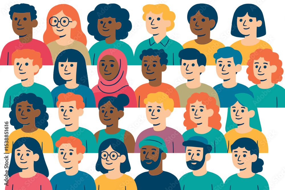 Poster diverse group of people with various hairstyles and expressions in a creative representation of comm