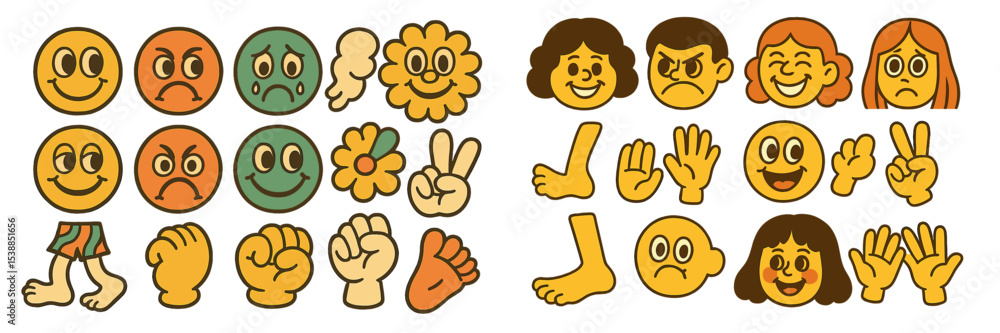 Poster collection of colorful emoticons and hand gestures in a playful design showcasing various emotions a