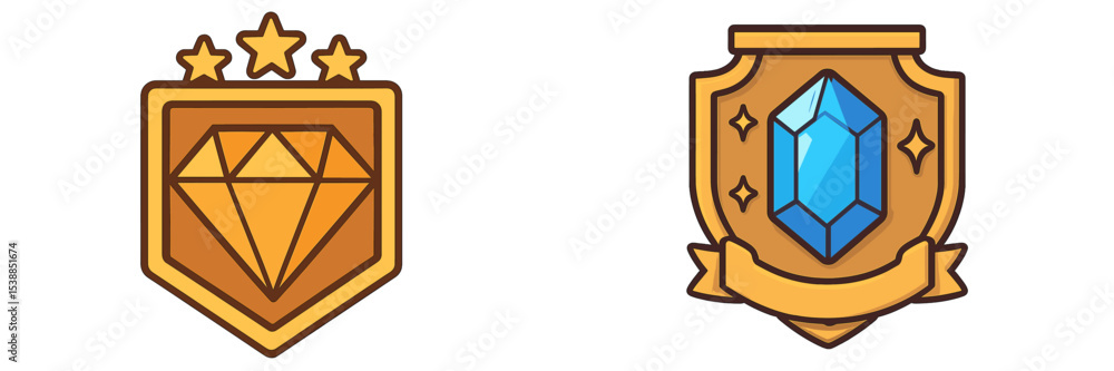 Poster various badge designs featuring gems and stars representing achievements and rewards in a gaming env